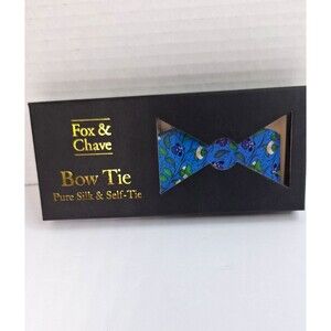 FOX & CHAVE Canterbury Cathedral 100% Silk Bow Tie Blue Floral Tree Print NEW